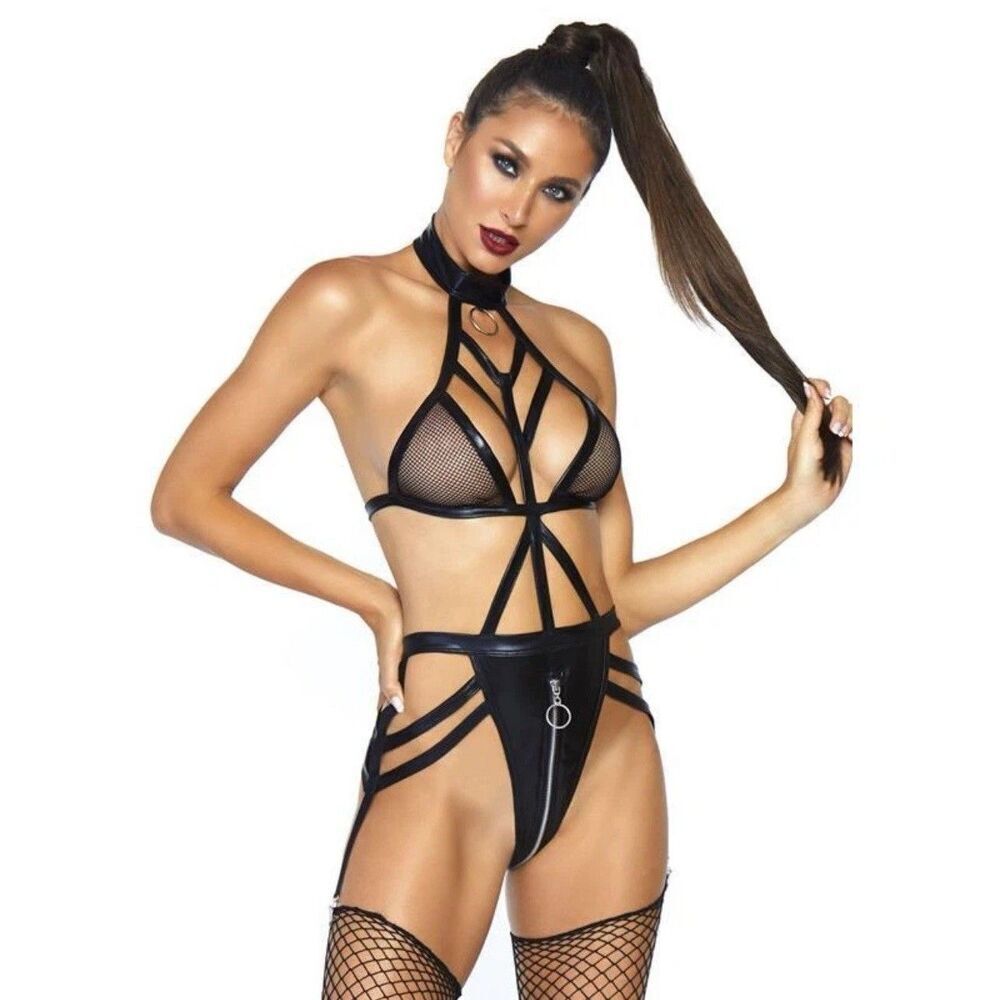 KINK By Leg Avenue BDSM Wetlook Cage Strap Garter Teddy Brand New! Small
